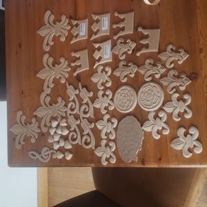 German Carved 40 Wood pcs 12 1" Hearts, 4/12 6.5/3" Fleur de Lys, 2 3" Flowers +